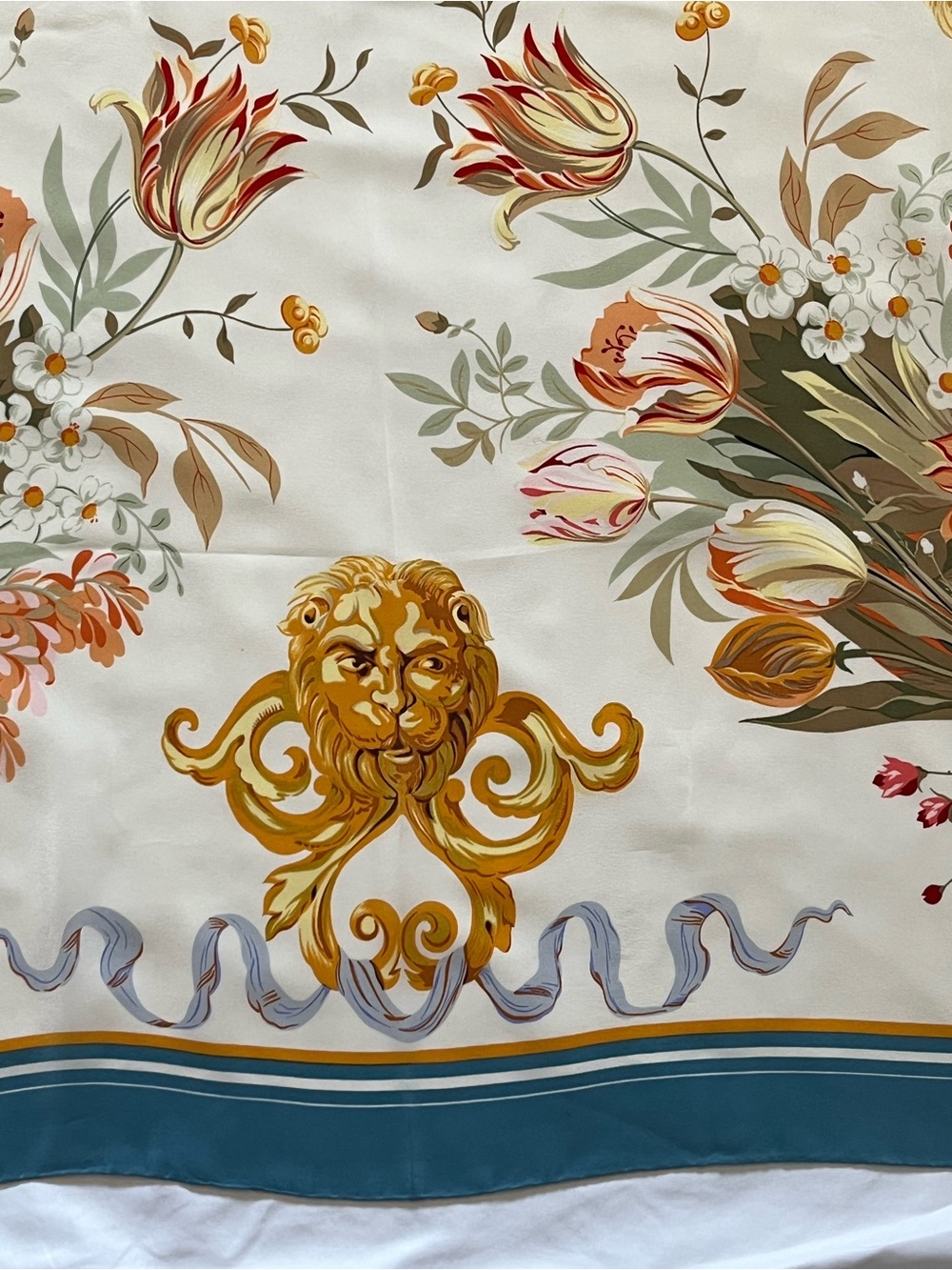 Vtg Metropolitan Museum of Art Silk Floral Medallion Cream Teal Boarded 48x44 - Picture 3 of 8